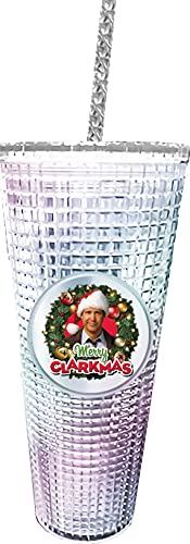 Image of Spoontiques Holiday Diamond Tumbler, 20oz - Textured Cup w /Staw, Double Wall Insulated, BPA Free - Merry Clarkmas