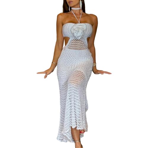 Qianderer Damen Strickkleid, Neckholder, schmale Passform, ausgehöhlter Ausschnitt, ärmellos, durchsichtig, 3D-Blume, einfarbig, langes Kleid für...