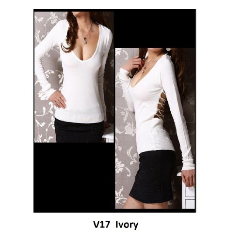 V17 Sexy Party Clubwear Deep-V Swearters Tops Long Sleeve Shirt Blouse Ivory M #TOP12