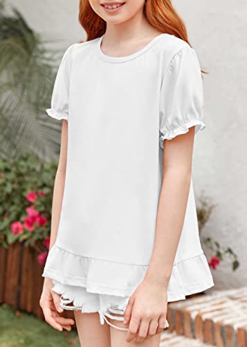 Saudacdn Cute Summer T Shirts For Teen Girls Short Sleeve Ruffle Crewneck Tops Casual Loose Soft Tees White #TOP1
