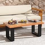 Giantex Teak Outdoor Coffee Table, Rectangular Resin Side Table with River Feel Epoxy Tabletop, Indoor Outdoor Solid Wood Center Table, Patio Table for Living Room, Poolside, Backyard