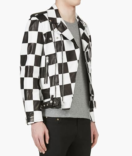 Men’s Classic Moto Biker Checkerboard Leather Jacket3