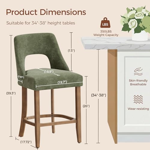Image of UVV Bar Stools Set of 3, Upholstered Counter Height Bar Stools, Modern Counter Stools with Wood Legs for Kitchen Island Dining Room Bar, Green