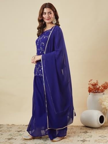 Image of MOKOSH Women's Georgette Short Kurti Palazzo with Dupatta | Short Kurti Set |Ethnic Kurta Set for Women | Sweetheart Neck Full Sleeve | Indian Kurta Outfit With Palazzo Pants