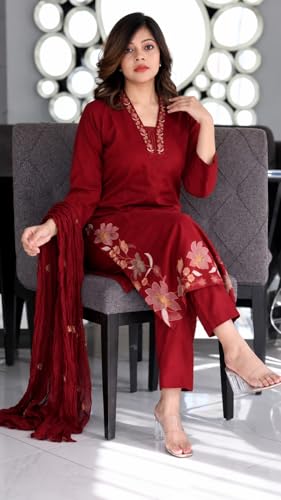 Image of GoSriKi Kurta Set for Women Viscose Embroidered | Kurti Set for Woman | Kurta Palazzo Dupatta 3 Piece Outfit | V Neck 3 /4 Sleeve Regular Fit Ethnic Dress Stylish Womens Clothing Trendy Outfit