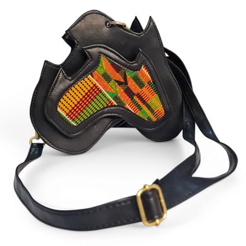 Handmade Africa-Shaped Leather Cross Bag With Zipper | Shoulder Bag with Kente Print, Unisex Bag