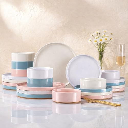 Image of AmorArc Ceramic Dinnerware Set for 8 | Handpainted Stoneware Plates and Bowls with Rustic Terracotta Underside| Scratch Resistant,Dishwasher & Microwave Safe Dishes Sets- 24pcs Colorful