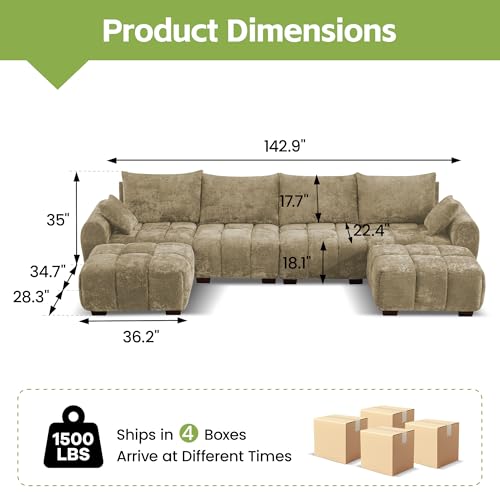 Image of 143 inch Oversized U Shaped Cloud Modular Sectional Sofa, Modern Chenille Upholstered 6 Seater Couch with 2 Removable Ottomans, Tufted Deep Seat & Wood Legs, Large Brown Sectional Couches for Living Room