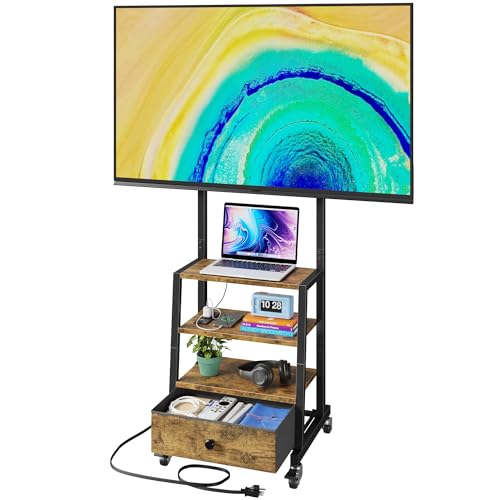 Rolling TV Stand with Wheels and Mount & Fabric Drawer - Entertainment Center with Power Outlet and...