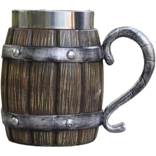 ビールジョッキ マグカップ レトロ風 木製スタイルのビールジョッキ 600ml 、手作りビールマグ 酒器 バー 家庭用 大容量304ステンレスマグカップ個性的樹脂 クリスマスギフト パーティーデコレーション 紅茶 飲料 カップ 酒器 (H)