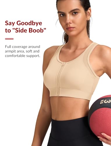 Image of Yvette Front Zip Sports Bras for Women High Impact Mesh Racerback Full Support Running Bra Plus Size for Workout