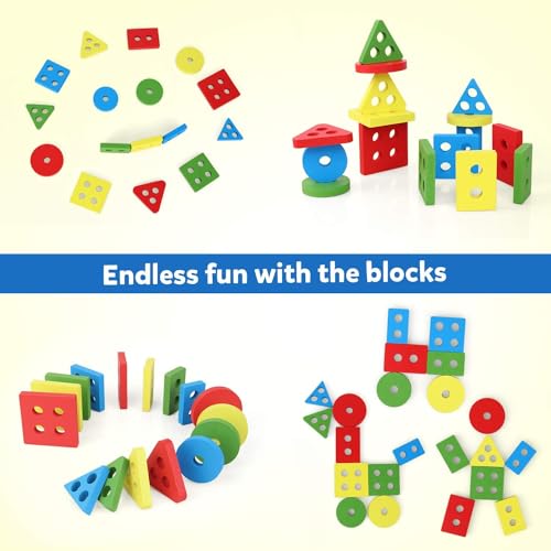 Image of SHINETOY ENTERTAIN KIDS Wooden Stackable Blocks & Shape Sorting Board | Geometric Shape Stacker | Eco-Friendly & Non-Toxic Wooden Toy | Early Childhood Development Toys for Fine Motor Skills, 16 Pcs
