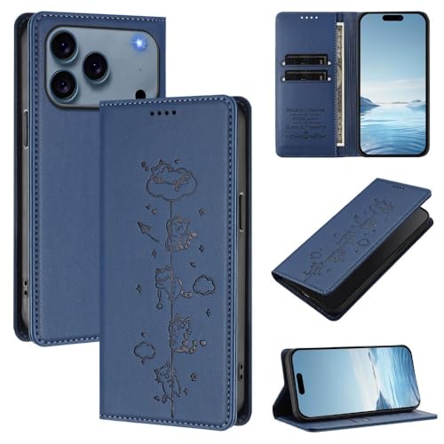 Étui en cuir iPhone 15 Plus finition soignée motif chat bleu nuit