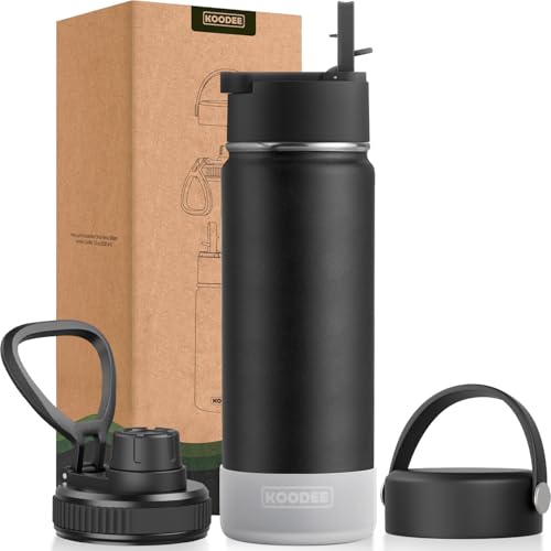 Image of koodee Sports Water Bottle 22 oz Stainless Steel Double Wall Vacuum Insulated Water Bottle with 3 Lids-Reusable Metal Water Flask, BPA Free (Black)