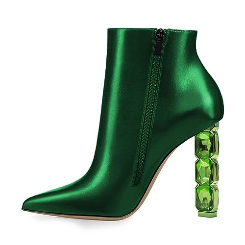 FSJ Women Jeweled Ankle Boots High Chunky Heel Pointed Toe Sparkly Crystal Block Heel Side Zipper Wedding Party Date Dress Shoes Size 4-15 US3