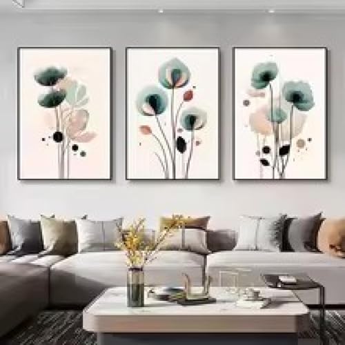 Peinture sur toile fleurs vertes impression d'art triptyque de qualité supérieure 60x80 cm
