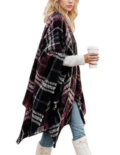 Women's Shawl Wraps Open Front Travel Poncho Cape Warm Oversized Plaid Sweaters Casual Cardigan Shawls
