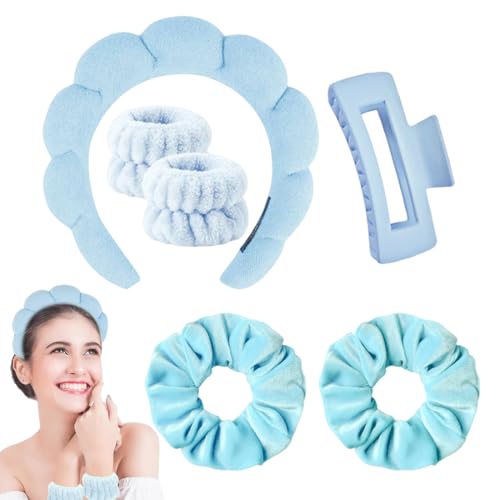 VPOUERY Set de 6 piezas para el cuidado de la piel - muñequeras toalla, skincare, 1 Diadema Maquillaje + 2 Bandas Pelo + 2 Muñequeras Skincare + 1 Pasadora-Diadema skincare- Cuidado Facial para Mujer