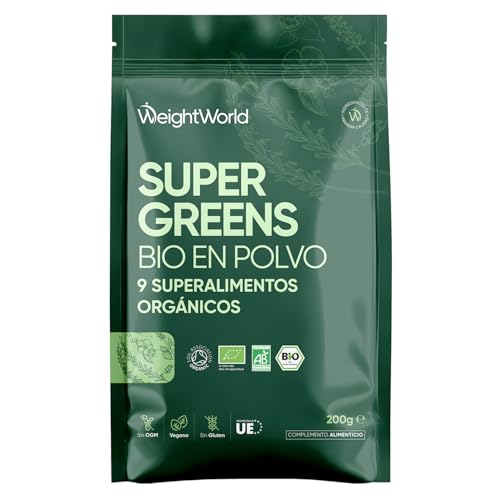 Super Greens en Polvo 200gr - 9 Superalimentos - Con Té Matcha, Maca en Polvo, Bayas de Acai, Chlorella Ecológica, Hierba de Cebada, Trigo, Lino, Guaraná, y Baobab - Apto para Veganos, sin OGM