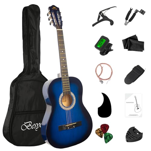 BESYOU 38in Beginner Acoustic Guitar Basic Starter Kit Tuner Bag Capo Strings Winders Strap Picks Student/Kids Guitar Pickguard with Gig Bag Blue