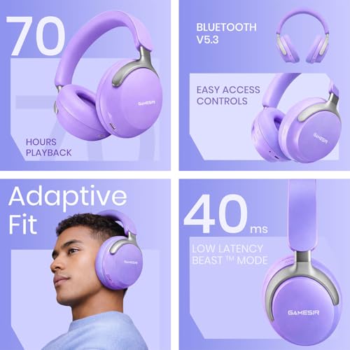 Image of GameSir Bass Wireless Headphones with Bluetooth 5.3, 40mm Drivers, Deep Bass Stereo Sound, Over-Ear Noise Isolation Headset with RGB LED Light, Built-in Mic for PC, Mobile & Laptop (Purple)