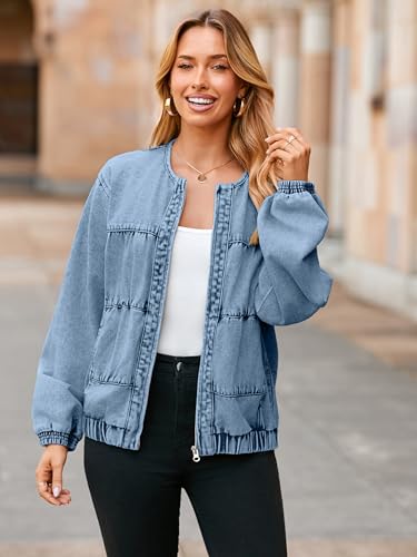 Glamaker Womens Denim Bomber Jacket Trendy Casual Zip Up Crew Neck Long Sleeve Loose Fit Jean Jacket Fall Outfits2