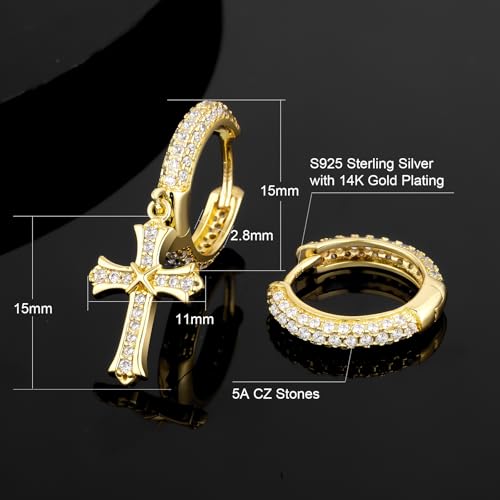 KRKC Cross Dangle Earrings - Sterling Silver Hoop, 14K Gold Plated, Hypoallergenic, 15mm Cross Dangle Drop Round Earrings for Men & Women3