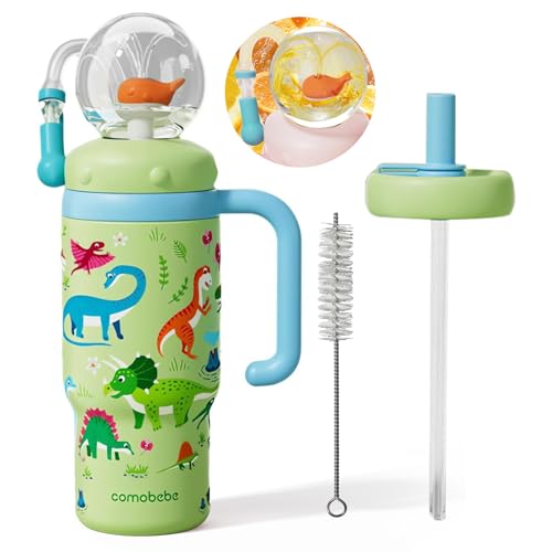 Como bebe 24oz 316 Stainless Steel Whale Fountain Sippy Cup Insulated Whale Squirt Tumbler with Handle Leak Proof Straw Cup with 2 Types Lids Fits Car Cup Holder for Kids Teens Adults (dinosaur)