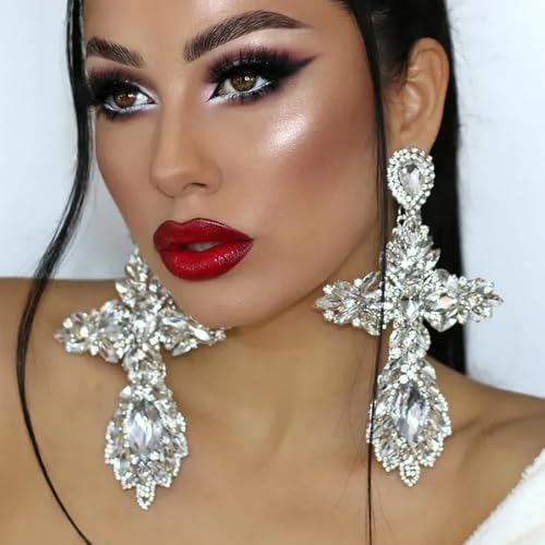 Large Silver Rhinestone Cross Earrings for Women Long Costume Sparkly Statement Earrings Geometric Formal (A-Silver)4