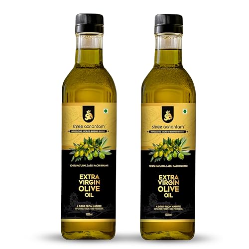 Image of Shree Aanantam Extra Virgin Olive Oil - 500ml x 2 | Cold Pressed Pure Olive Oil for Cooking, Salads & Dressing | Rich in Antioxidants | Ideal For low heat cooking like sauteing & grilling