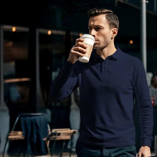 Premium Wear Long Sleeve Polo Shirt for Men, Cotton-Blend Fabric Golf Shirt with Collar, 3-Button Placket, Stain Guard2