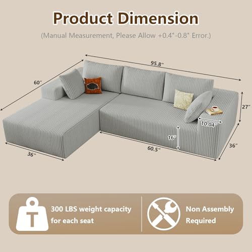 Image of 96 inch Modular Sectional Couch, Boneless L Shaped Cloud Sofa with Chaise Lounge, Corduroy Upholstered Couches Memory Foam Deep Seat, No Assembly Required, Ideal for Living Room(Light Gray, Left Facing)