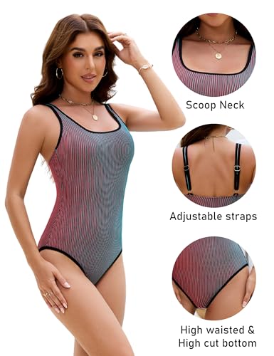 Image of BMJL Women's One Piece Swimsuit Sports Adjustable Strap Bathing Suit Color Block Ribbed High Cut Swimsuits