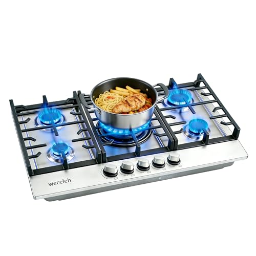 30 Inch Gas Cooktop, Weceleh 5 Burner Propane Stovetop with Auto Ignition, Gas Countertop Plug-in, NG/LPG Convertible Cooktops, Heavy Duty Cast Iron Grates for Kitchen, ETL