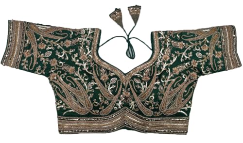 Image of Pujia Mills Women's Readymade Bridal Blouse Embroidery Copper Coding Glitter Sequence Thread Work Indian Ethnic Designer Stitched Half Sleeve Blouse Readymade for Women Saree Bridal Lehenga Choli