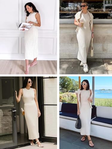 Image of Danedvi Womens 2026 Casual Ribbed Knit Midi Dress Sleeveless Bodycon Baby Shower Vacation Sweater Dresses