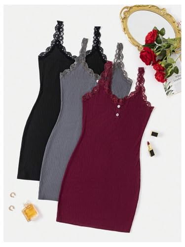 SOLY HUX Women's 3 Packs Nightgowns Soft Sexy Lace Trim Sleep Dress Chemise Pajamas Sleepwear Cami Mini Slip Dresses3