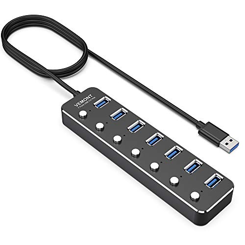VEMONT USB hub Aluminum USB 3.0 Data Hub with Individual On/Off Switches and LED Lights for Laptop, PC, Computer (4ft/120cm) (7port)