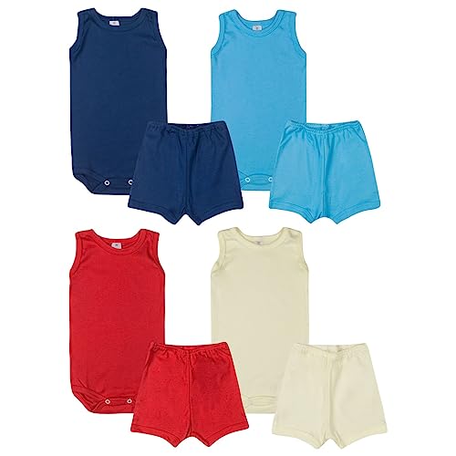 Kit Roupa De Bebe 8 Peças Body Liso Manga Regata E Short Algodão Menino ou Menina (P, Menino)