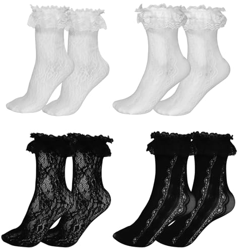 4 Pairs Womens Lace Ankle Socks Sexy Mesh Lace Trim Lolita Sock Women Frilly Lace Ankle Ruffle Socks for All Kinds of Parties Tea Parties Match With All Kinds of Shoes