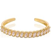 14K Yellow Gold Crystal Open Cuff Bangle for Women,Dainty Pave Setting Oval Natural Crystal Open ...