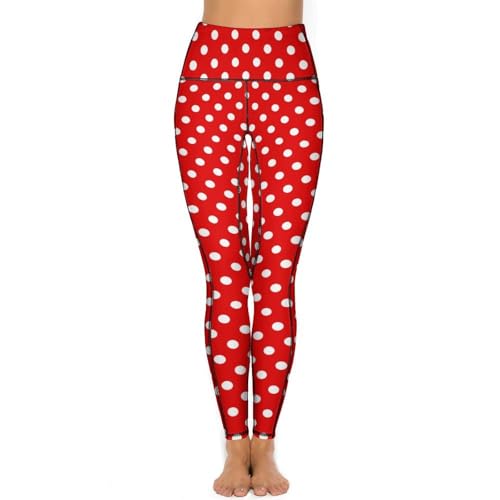 XVBCDFG Yogahose mit Tasche für Damen, gepunktet, Pilz-Leggings, Bauchkontrolle, hohe Taille, Workout-Hose, Fitness-Strumpfhose, Rot mit Punkten, S
