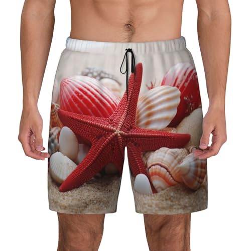 Men's Swim Trunks Quick Dry Board Shorts Red Starfish Seashells Beach Shorts with Pocket Bathing Suits for Men