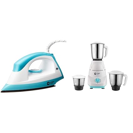 Orient Electric Fabrijoy DIFJ10BP 1000-Watt Dry Iron, White/Blue + Electric Kitchen Kraft MGKK50B3 500-Watt Mixer Grinder with 3 Jars, White Combo Pack