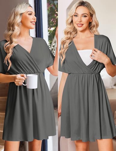 Image of Ekouaer 3 in 1 Labor and Delivery Gown for Hospital Short Sleeve Maternity Nursing Dress Nightgown Postpartum Sleepwear