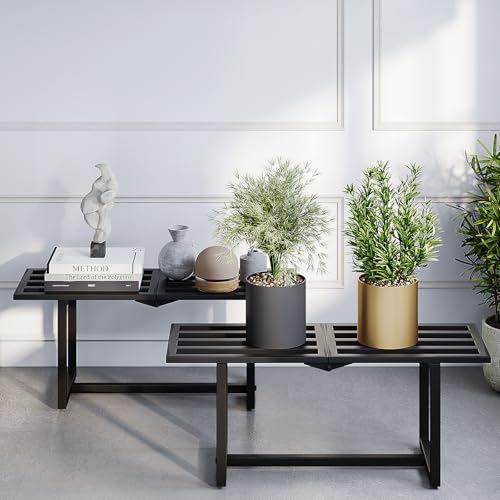 Rioneta Plant Stand Indoor Outdoor Foldable Metal Plant Shelf for Multiple Pots Mid Century Slatted Bench for Patio Garden Heavy Duty Capacity 330 lbs 2 Pack Black