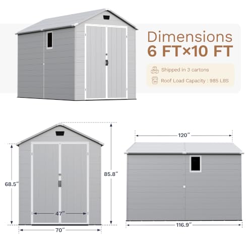 Image of Devoko 6x10 FT Plastic Storage Shed with Floor, Large Resin Outdoor Sheds with Lockable Door and Windows, Waterproof Outside Tool Garden Shed for Patio, Lawn, Backyard, Light Gray