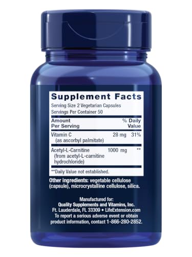 Life Extension Acetyl-L-Carnitine, Acetyl-L-Carnitine, Vitamin C, Brain, Mood & Nerve Health, Cellular Energy, Gluten-Free, Non-GMO, Vegetarian, 100 Capsules - image 2