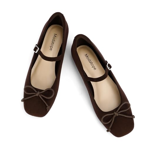 Modatope Mary Jane Shoes Women Ballet Flats for Women | Square Toe Slip on Bow Bowknot Ballerina Flat Comfortable Dressy Maryjane Shoes Women's Flats with Adjustable Strap