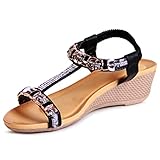  topschuhe24 2482 Damen Keilabsatz Sandalen Glitzer Riemchen Sandaletten, Farbe:Schwarz, Größe:39 EU